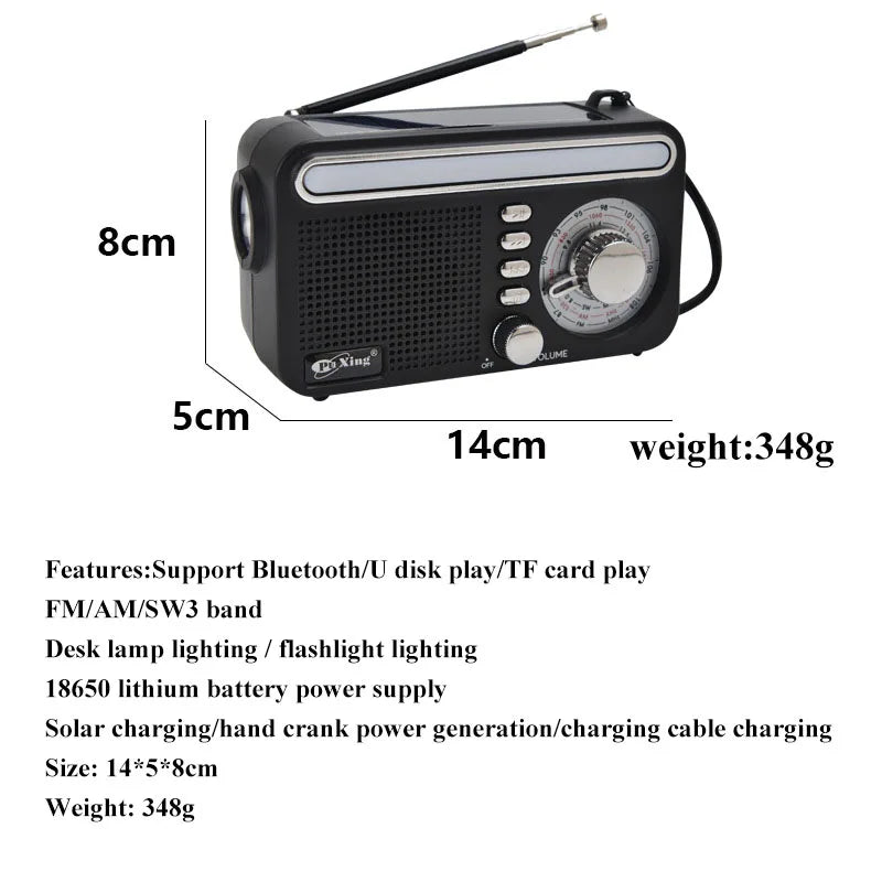 Portable Solar Charing Radio Mini FM AM SW Hand Crank Radios Receiver LED Flashlight Bluetooth Speaker Support TF Card U Disk