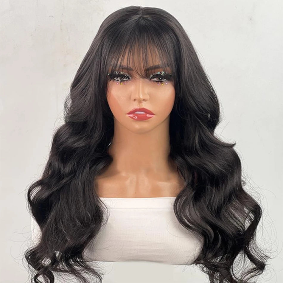 Body Wave Human Hair Wigs With Bangs Peruvian Cheap Glueless Wigs On Sale Clearance Full Machine Made Wig With Bangs For Woman