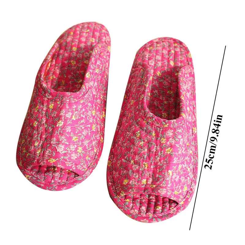 1 Pair Vintage Floral Home Slippers Spring Autumn Soft Cotton Toe Sole Slippers Women Flat Shoes Indoor Bedroom Slippers