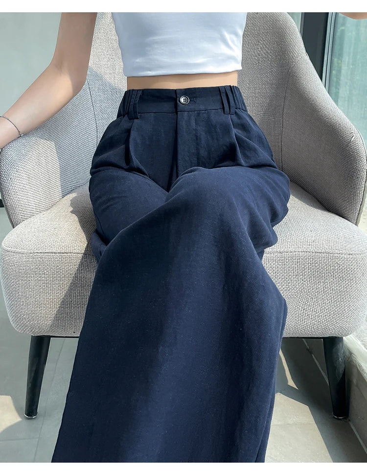 2025 Summer New Cotton and Linen Women's Wide Leg Pants Solid Ice Silk High Waist Straight Casual Loose Suit Trousers Female