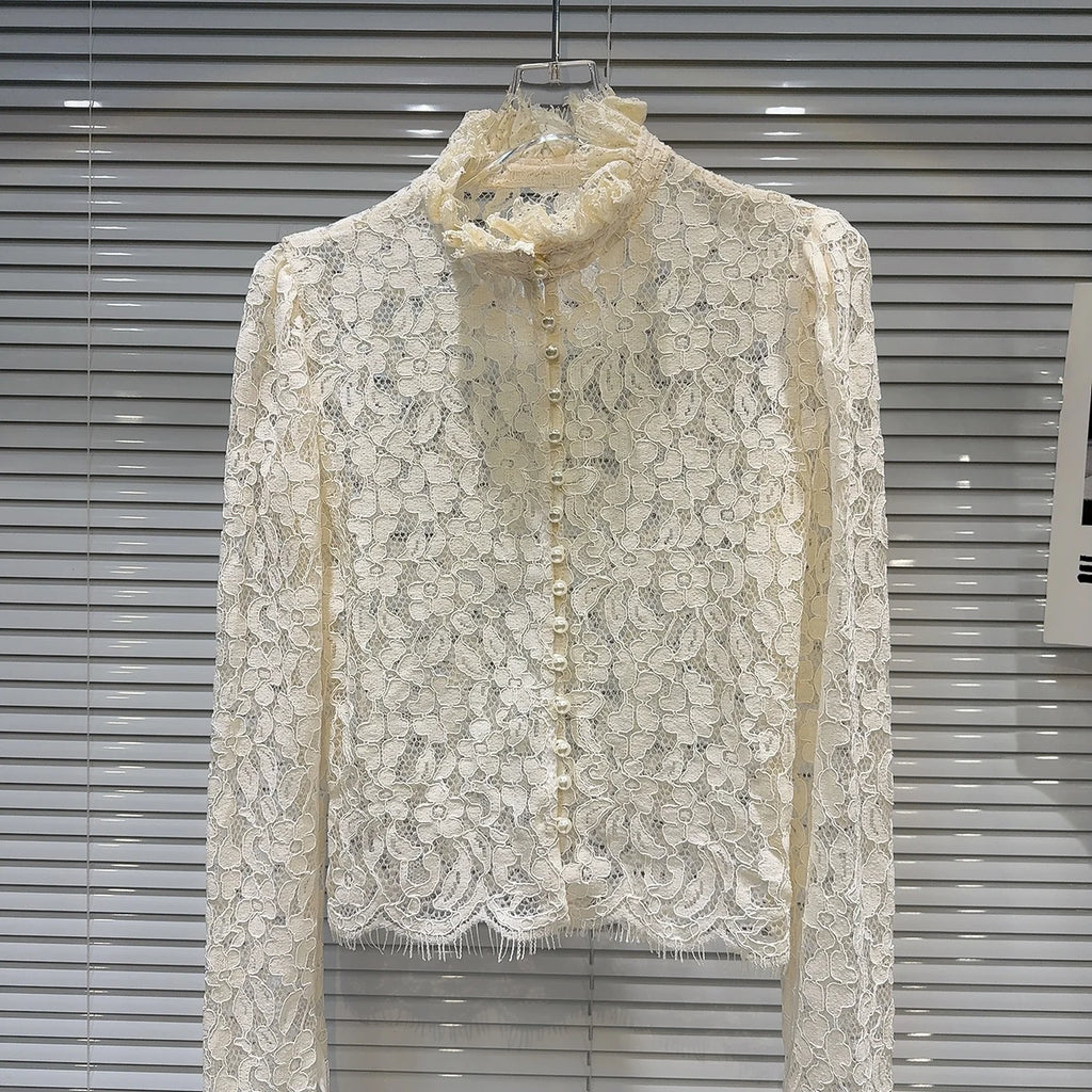 KTCZ Solid Spliced Lace Hollow Out Blouse For Women Long Sleeve Single Breasted Patchwork Print Minimalist Chic Blouse Female