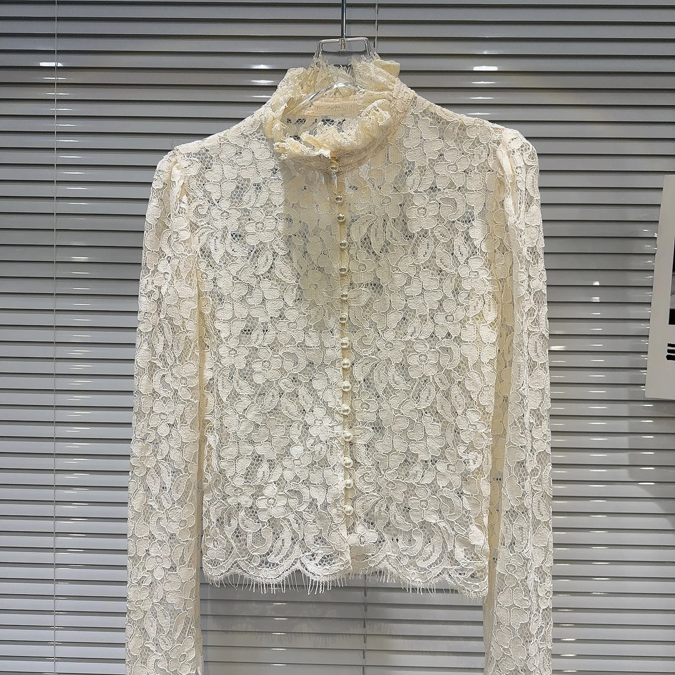 KTCZ Solid Spliced Lace Hollow Out Blouse For Women Long Sleeve Single Breasted Patchwork Print Minimalist Chic Blouse Female