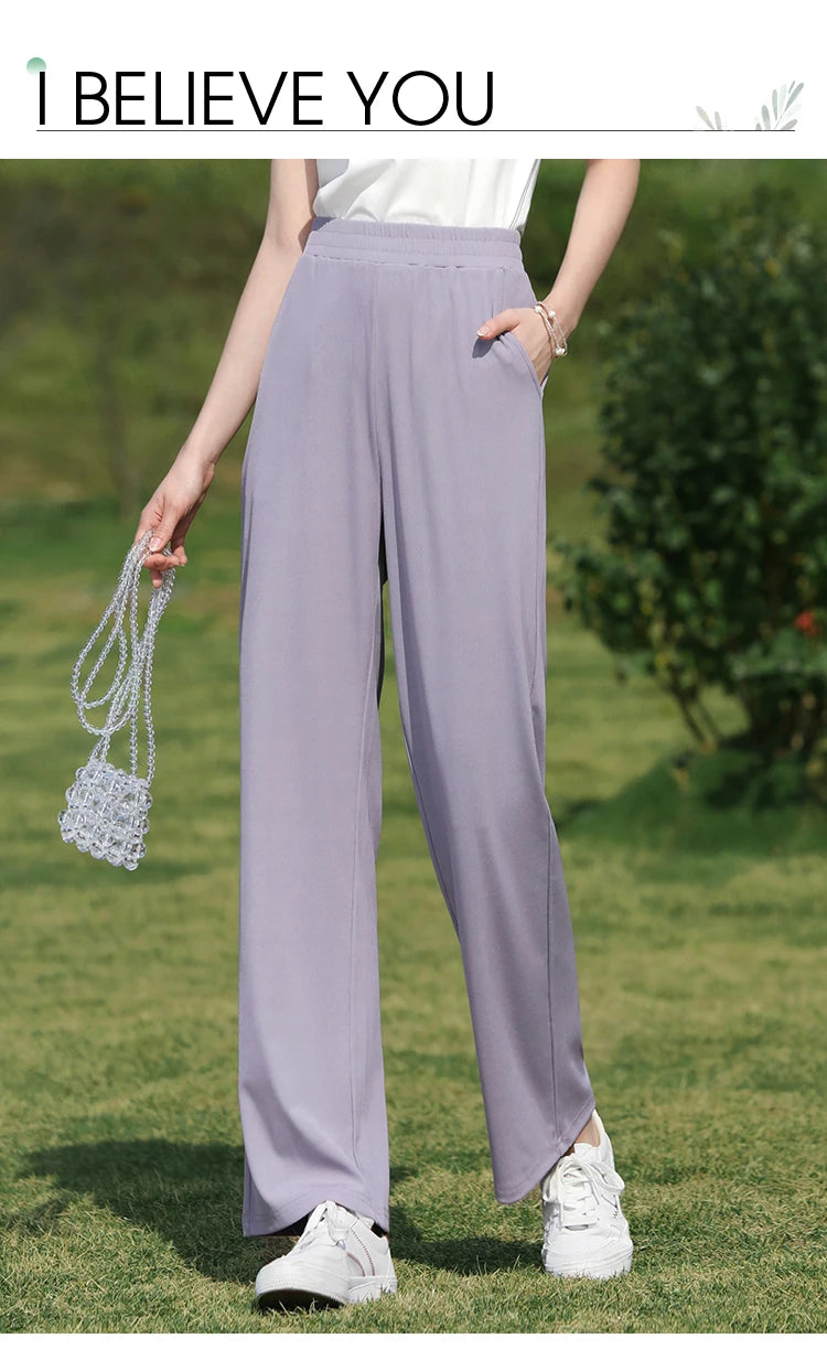 I BELIEVE YOU Wide Leg Pants Women 2024 Spring Summer New High Drape Pants Elastic High Waist Knitted Casual Trousers 2241045612