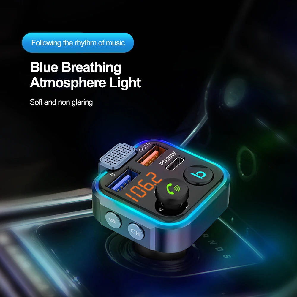 Car Bluetooth FM Transmitter PD Type-C Dual USB 4.8A Fast Charger Handsfree Radio Modulator MP3 Player Support TF card