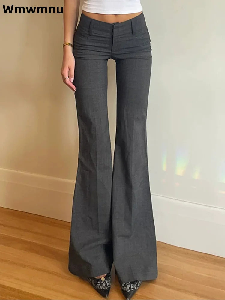 Gray Low Waisted Wide Leg Flare Pants Office Elegant Women's Casual Slim Pantalones Korean Fashion Formal 2025 New Trousers