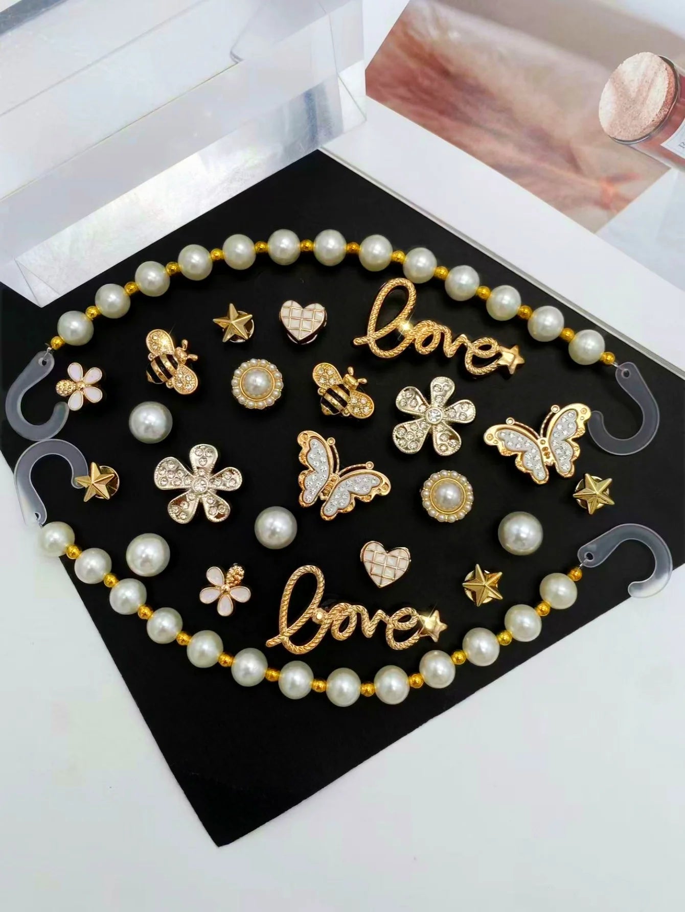 24 pieces of golden fashion (ABS pearl chains, butterflies, stars, flowers, letters, hearts, ABS pearls) ABS resin shoe buckles,