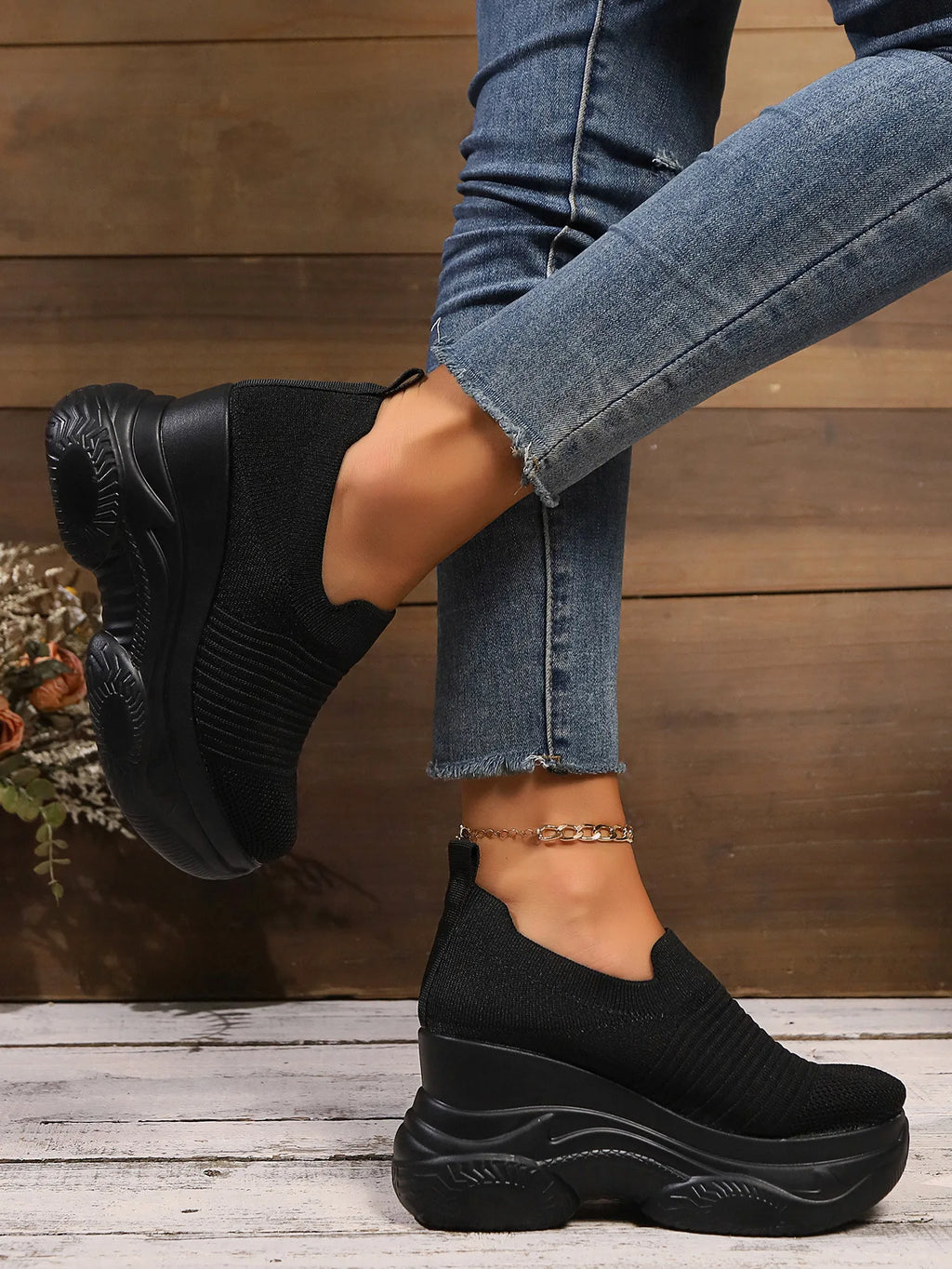Heightening Thick Sole Fashionable Ladies Shoes 2025 Autumn New Black Mesh Breathable Casual Slip-on Women's Vulcanized Shoes