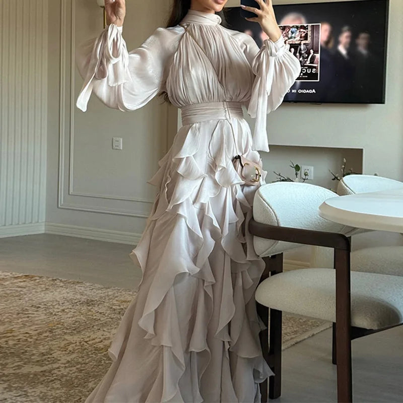 Fashion High Waist Pleat Party Dress Lady Casual High Collar Layered Banquet Dress Elegant Long Sleeve Solid Color Evening Dress