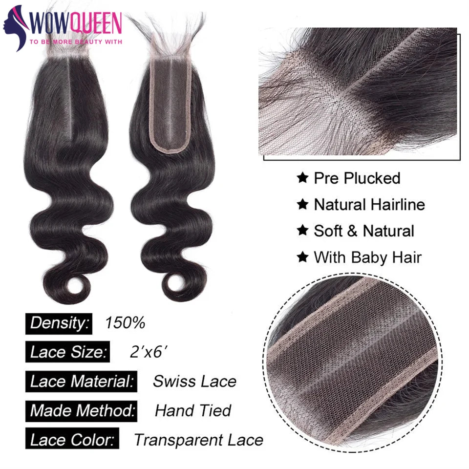 100% Human Hair Straight Lace Closure 2x6 Deep Parting Human Hair Closures Pre Plucked Body Wave Middle Part Lace Closure Only