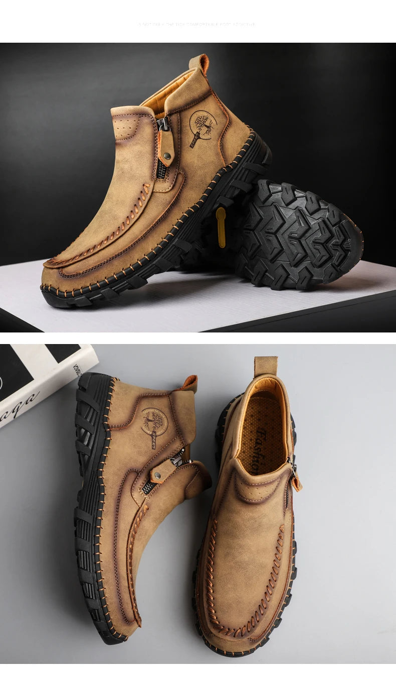 Men Boots Autumn Winter New Handmade High-top Casual Shoes Outdoor Non-slip Hiking Men Shoes Zipper Ankle Boots Plus Size 38-48