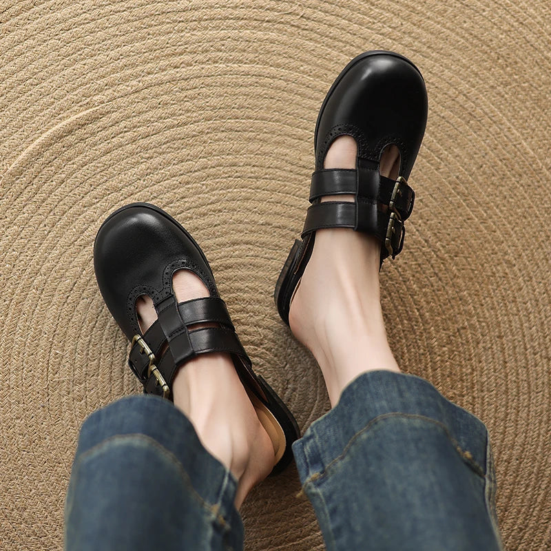 New Fashion Sandal Women Pumps Shoes Sexy Slingback Heels Retro Leather Party Casual Summer Round Toe Shoes Mueller Slippers