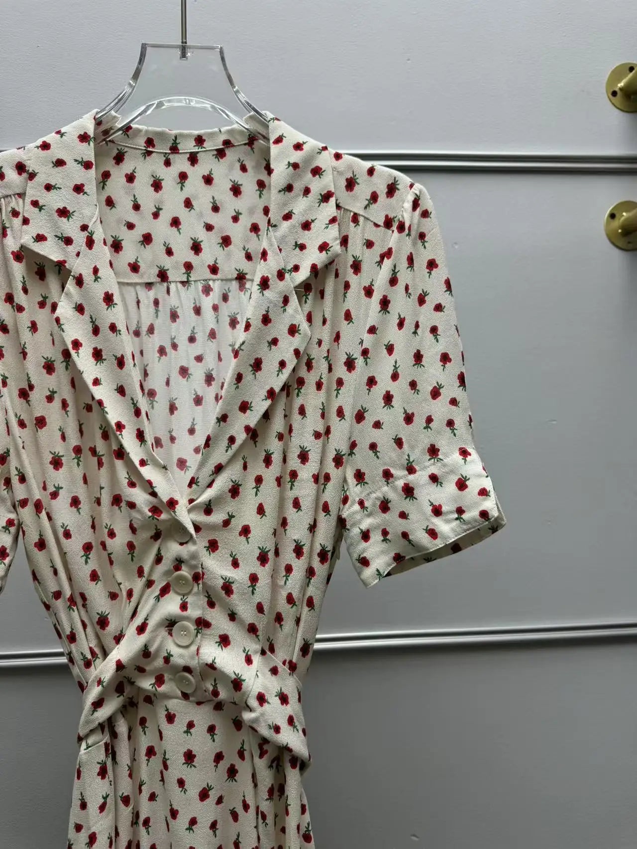 Women's Rose Printed Dress Prairie Chic Spring Summer Lady Short Sleeve Turn-Down Collar Waist Lace-Up Robe