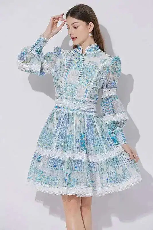 Elegant Long Sleeve Floral Short Dresses Shirt For Women Summer Autumn Holiday Hollow Out Printed Party Dress