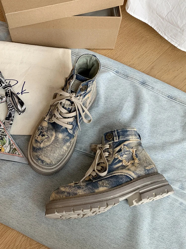 Women's Boots  New Thick Sole Breathable Ribbon Strap Short Boots Anti Slip Lace-up Height Increasing Fashion Boots