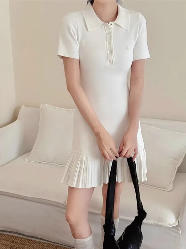 White or Black Women A-Line Knit Dress Slim Short Sleeve Front Letter Female Pleated Mini Robe 2025 New