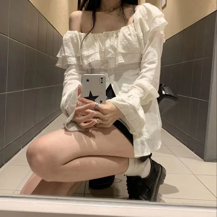Ruffles Shirts Women Flare Sleeve Simple Fashion Slash Neck Ulzzang Solid Spring All-match Slim Casual Streetwear Cozy Female