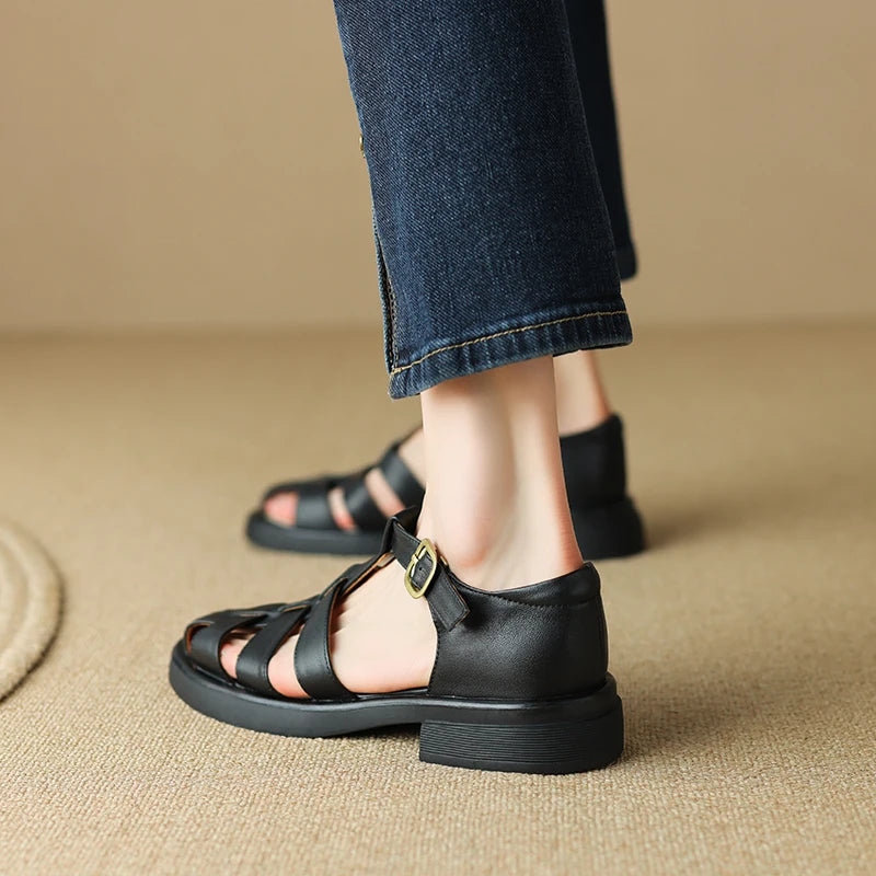 New Summer Sandals Genuine Leather Luxury Roman Sandals Casual Buckle Strap Summer Shoes GLADIATOR Thick Heel Women Shoes