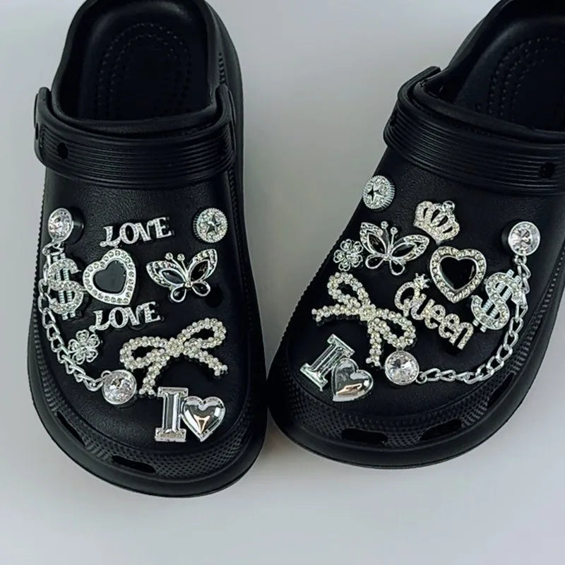 20PCS Fashion Shoe Charms Set Accessories Hole Shoe Buckle Silver Rhinestone Letter Bow Chain DIY Shoes Decorations for Bogg Bag