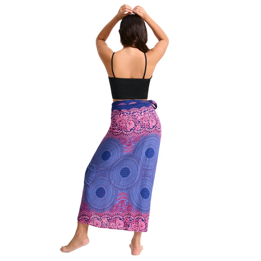 Women’s Boho Maxi Wrap Long Skirt Tie Up Beach Cover Up Dress Vintage Bohemian Adjustable High Waisted Holiday Rayon Dress