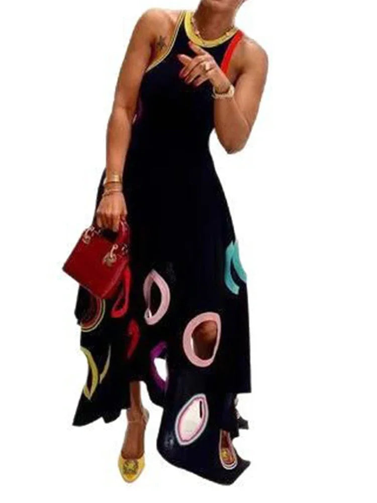 Women's Circle Hollow Out Tank Dress Round Neck Asymmetric Hem Pleated A-Line Casual Elegant Sleeveless High Street Sexy Dress