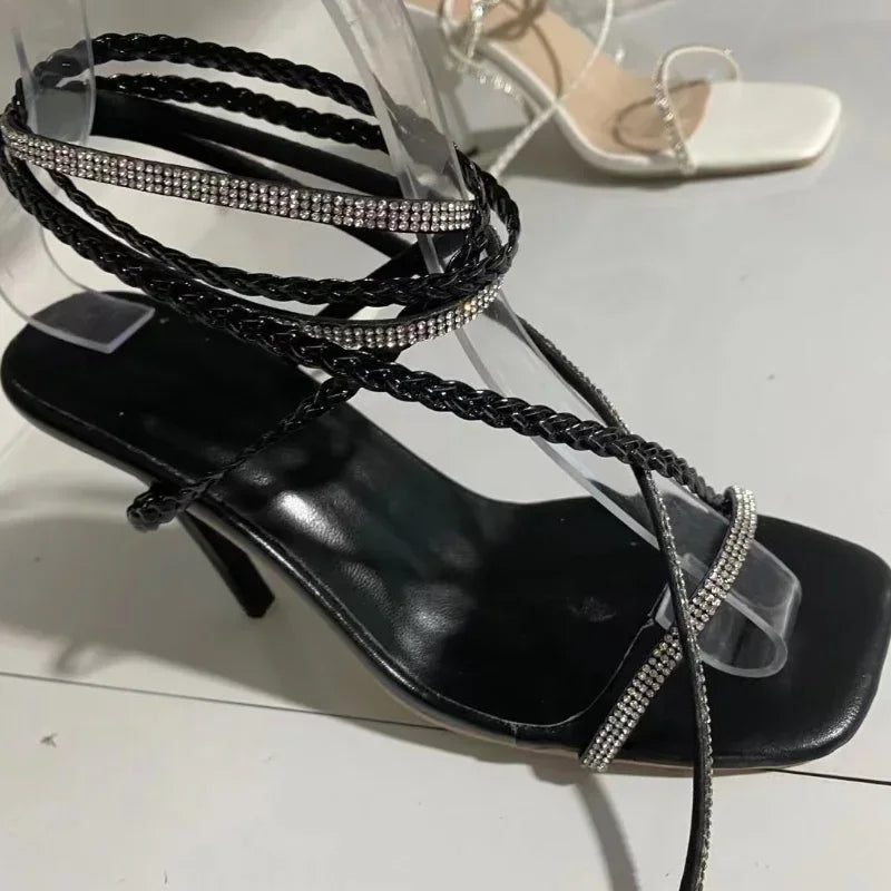 2024 Summer Woman Shoes High Heels Sexy Leather Gladiator Sandals Fashion Black Ankle Strap Crystal Open Toe Shoes Sandalias