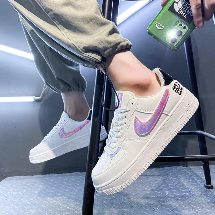 Aj1 Men's Air Force One Men's Shoes Video Game Pixel White Laser Joint Low-Top Sneakers Casual White Shoes