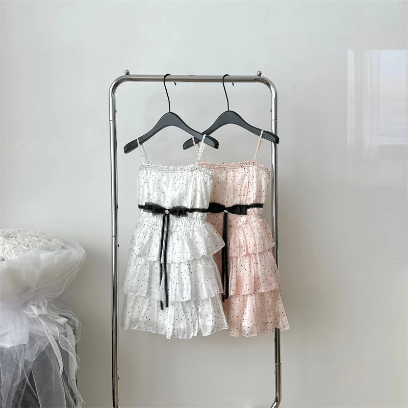 Japanese Elegant Sweet Original Design Evening Dress Women Dot Bow Strapless Pleated Party Dress Princess Casual Cute Clothing