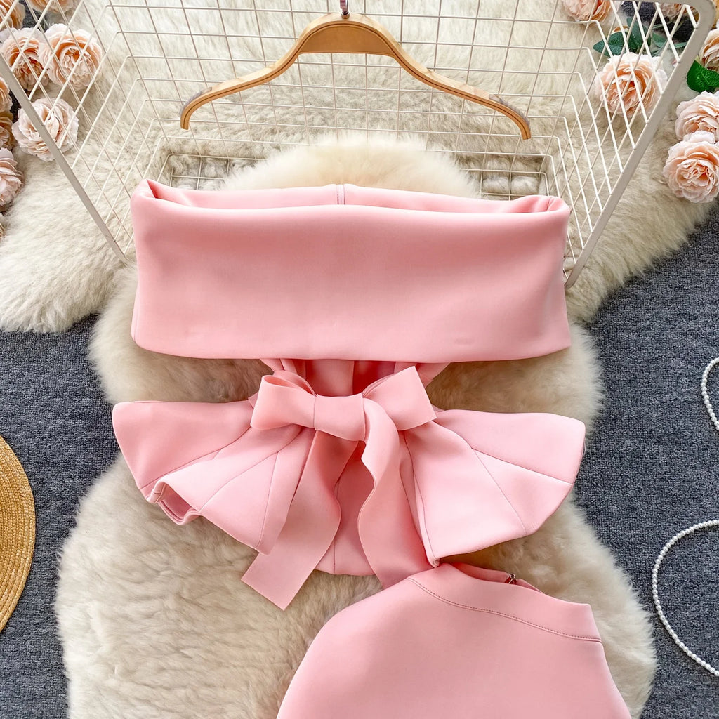 Sexy One-oulder Banded Waist Gown Set with Pleated Skirt Two-Piece Ensemble Courtly Sle Versatile Top f-length A-Line ...