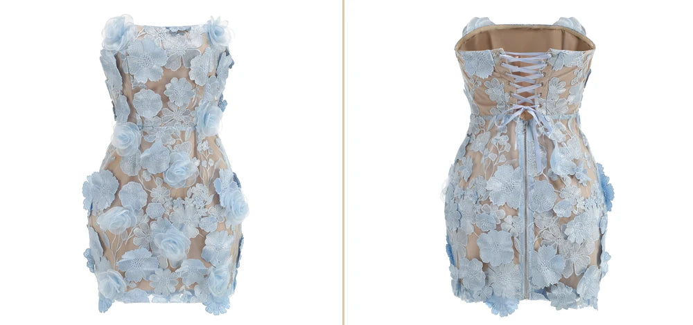 New sexy embroidered flower strapless dress, women's back tie adjustable party dress