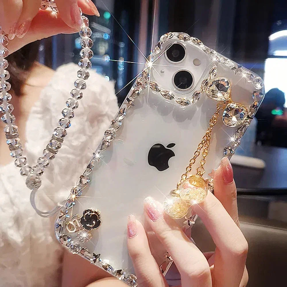 Transparent Case for iPhone16, 15, 14, 13, 12 17 Air Bowknot with Hand Chain, Camera Lens Frame, Glitter Diamond, Luxury
