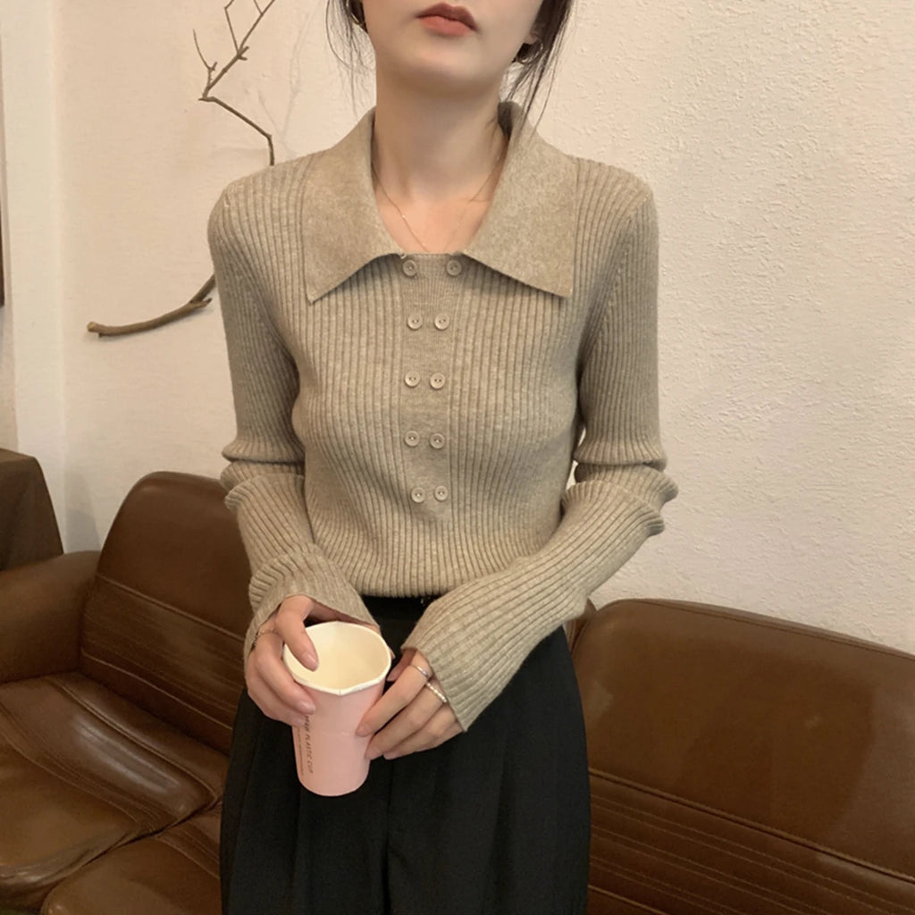 Turn-Down Collar Ribbed Pullover Sweater Women Autumn Winter Slim Long Sleeve Soft Warm Sweaters Ladies Knitted Tops