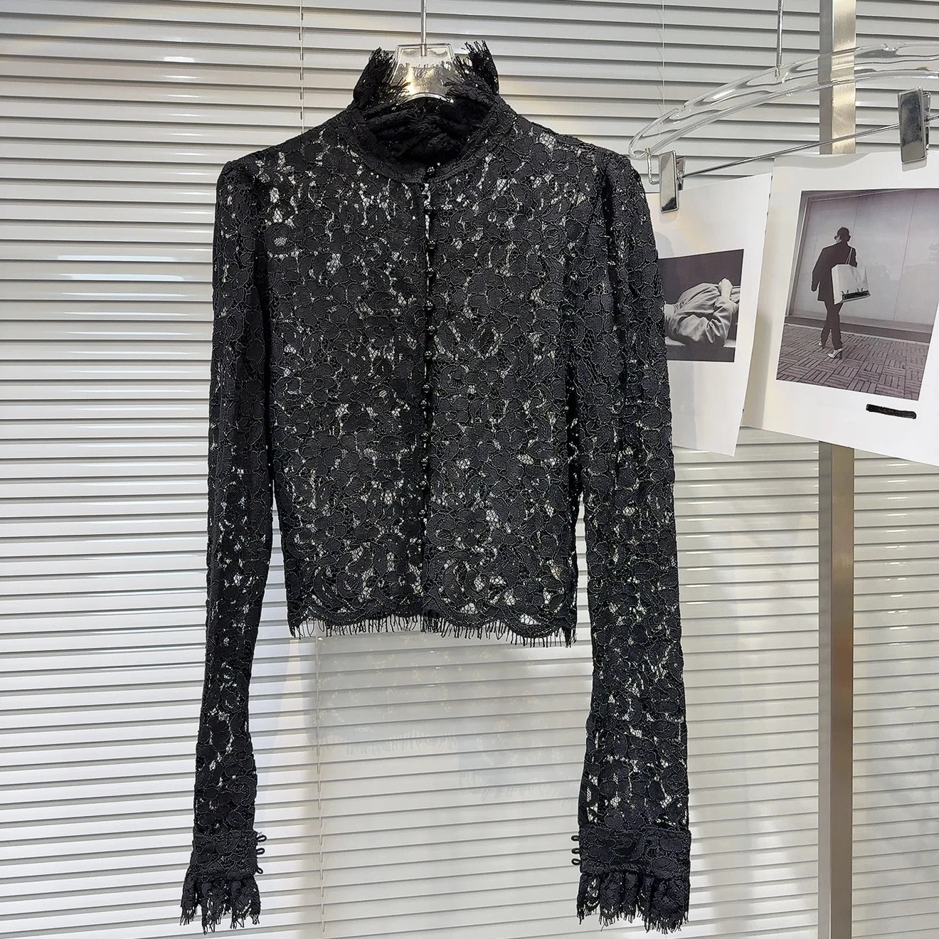 KTCZ Solid Spliced Lace Hollow Out Blouse For Women Long Sleeve Single Breasted Patchwork Print Minimalist Chic Blouse Female