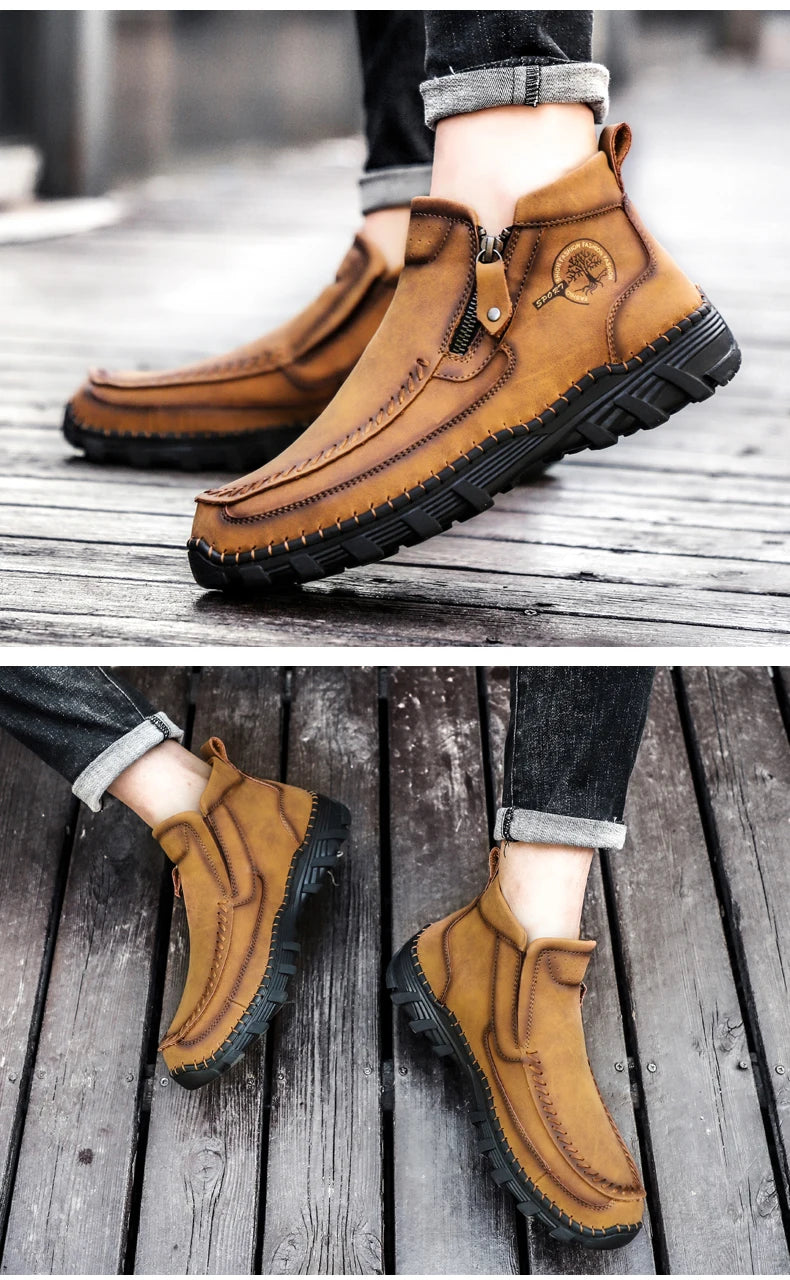 Men Boots Autumn Winter New Handmade High-top Casual Shoes Outdoor Non-slip Hiking Men Shoes Zipper Ankle Boots Plus Size 38-48