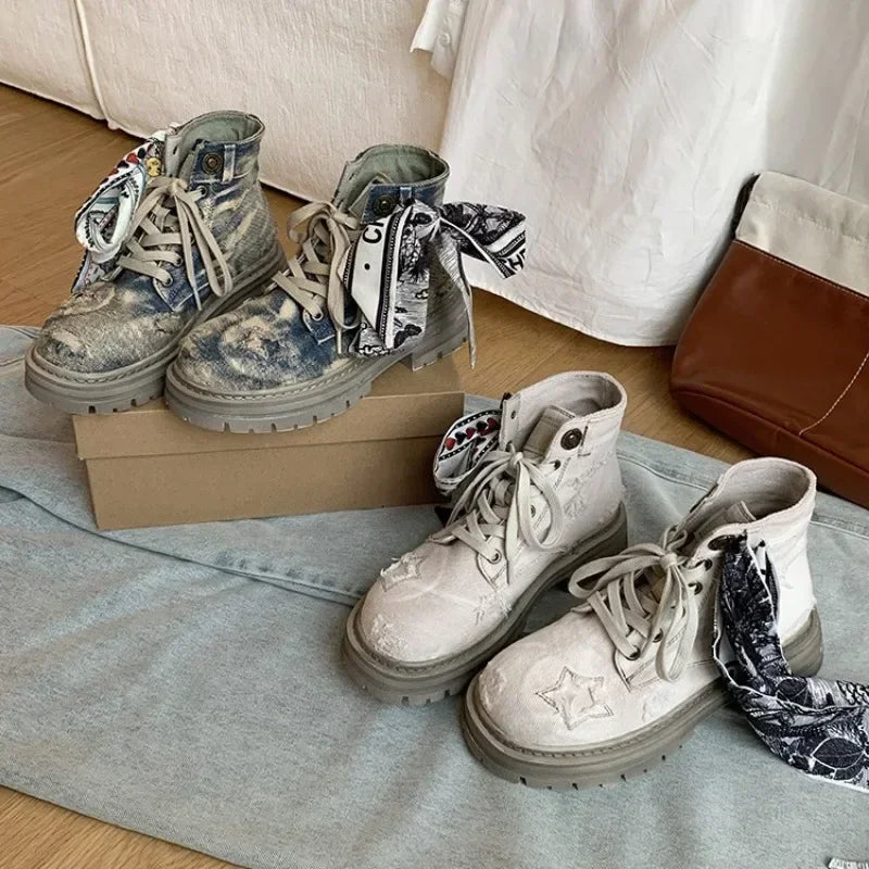 Women's Boots  New Thick Sole Breathable Ribbon Strap Short Boots Anti Slip Lace-up Height Increasing Fashion Boots