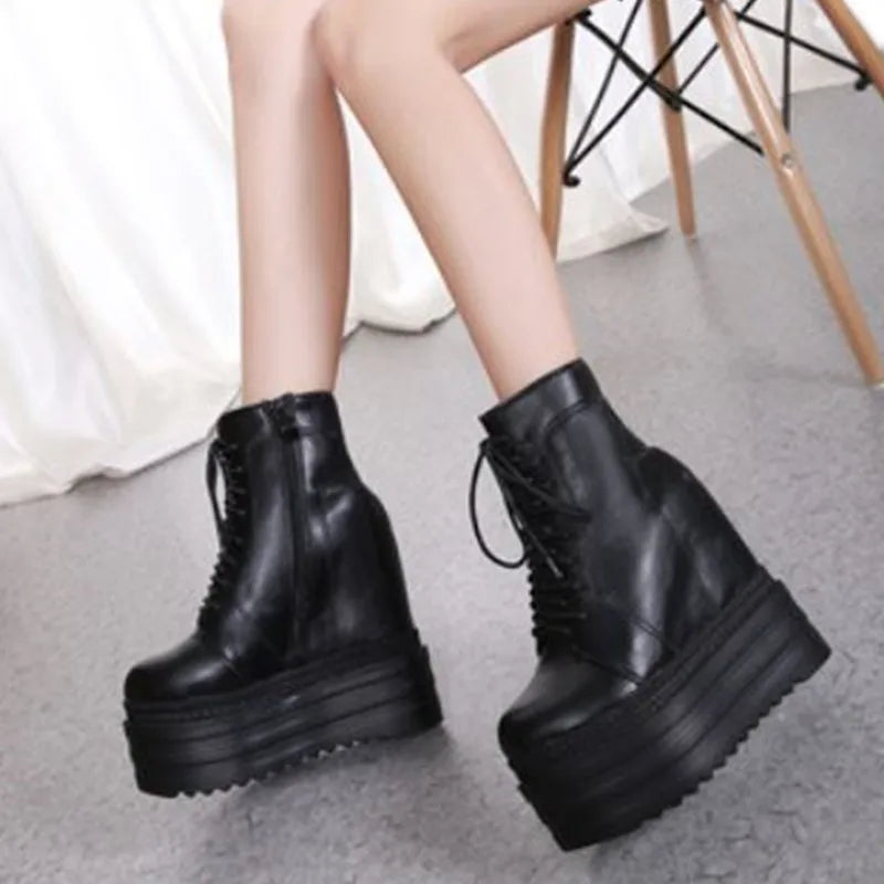 14CM Punk Style Wedges Ankle Boots Black Rubber Sole Shoes Platform Boots Women Lacing Autumn Sexy Lady Platform Heels Shoes