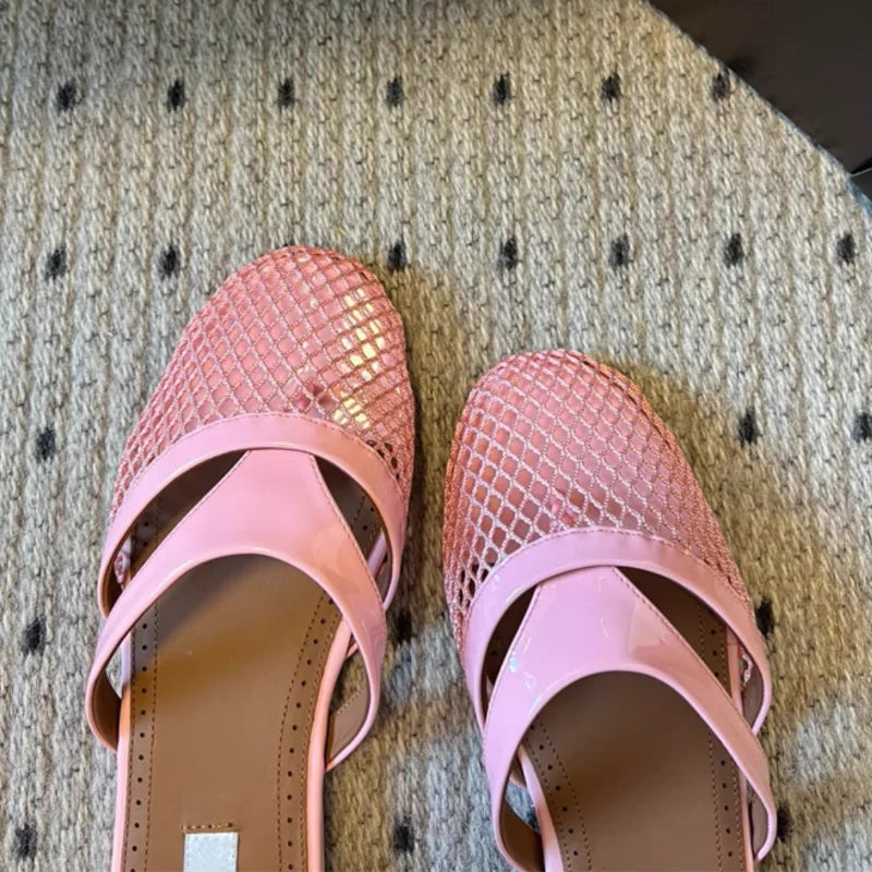 Mesh Buckle Ballet Shoes For Women, High Version 2025 Fairy Hollow Flat Bottom Pink Fishing Net, Mary Jane Single Shoe
