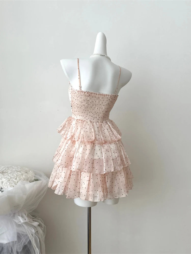 Japanese Elegant Sweet Original Design Evening Dress Women Dot Bow Strapless Pleated Party Dress Princess Casual Cute Clothing