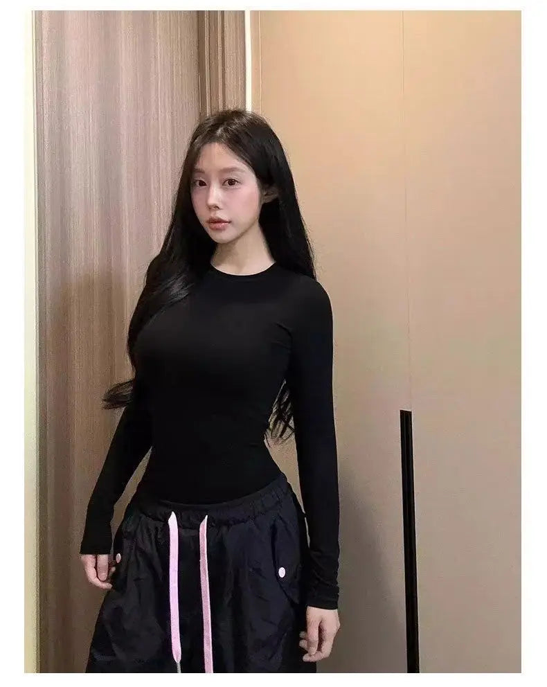 Slim Fit Inner Bottom Shirt for Women Spring and Autumn 2025 New Round Neck Sexy Yoga T-shirt Top