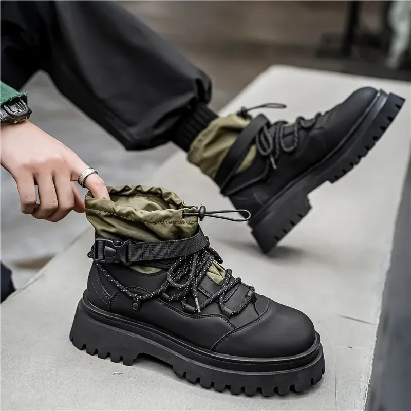 Men Platform Ankle Boots Fashion Personalized Strap Design Shoes Brand High Quality Motorcycle Boots Casual Outdoor Zipper Shoes