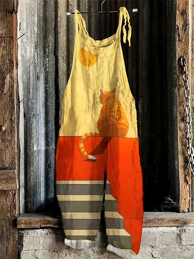 2025 New Spring And Summer Halter Jumpsuit Women's Fun Cat Print Pullover Halter Pants Casual Loose High Waist Jumpsuit