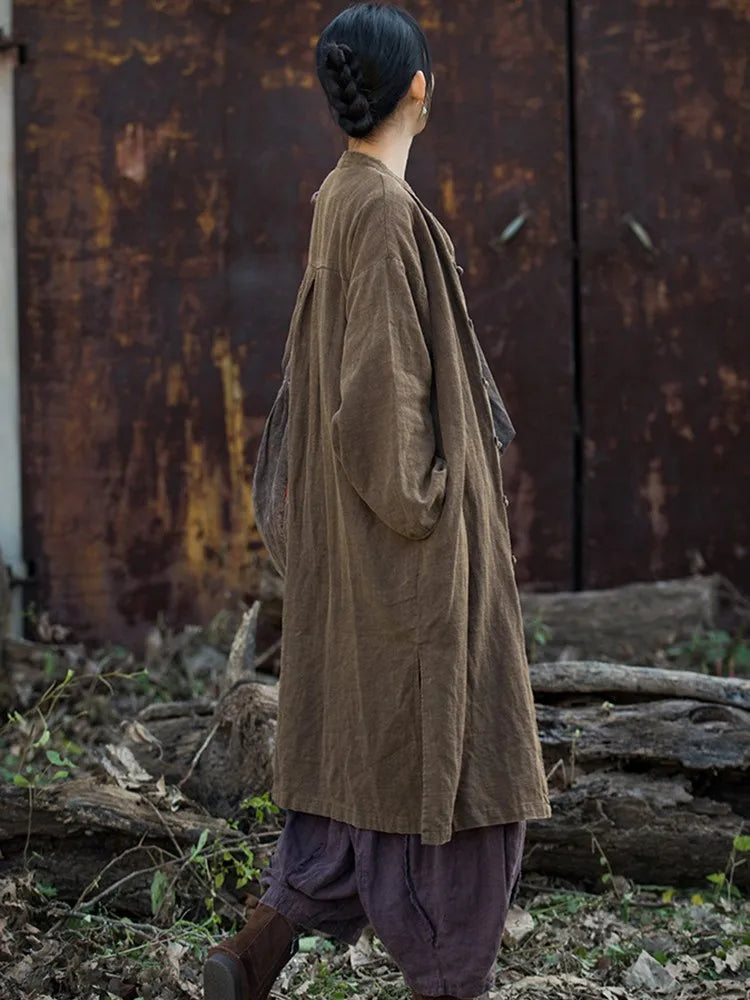 Women Casual Long Jackets New Arrival 2024 Autumn Vintage Style Stand Collar Solid Color Loose Female Cotton Linen Coats M244