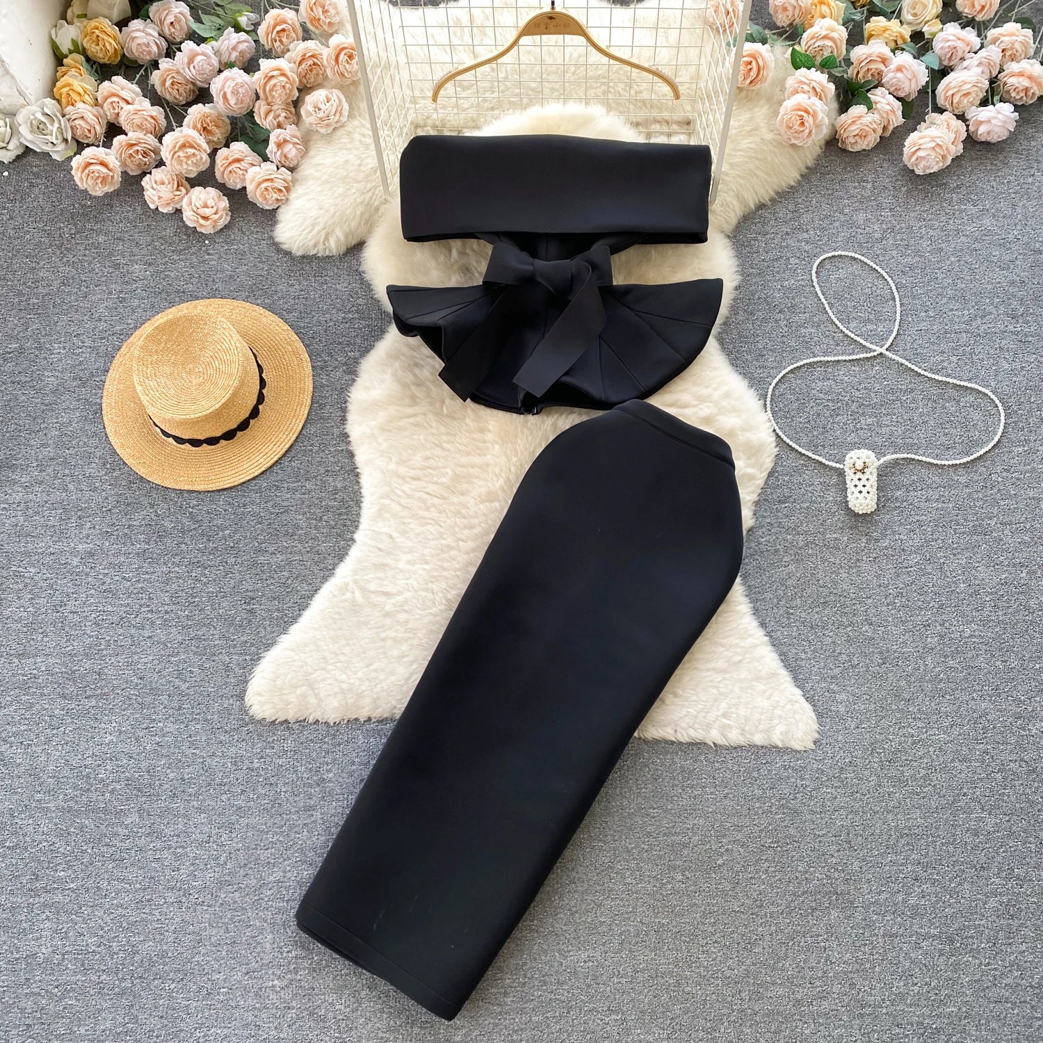 Sexy One-oulder Banded Waist Gown Set with Pleated Skirt Two-Piece Ensemble Courtly Sle Versatile Top f-length A-Line ...