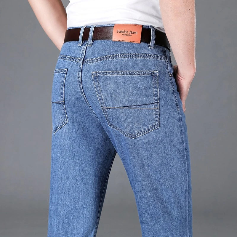 100% Cotton Men's Brand Thin Business Jeans Straight Slim Classic Male Trousers Fashion Casual Breathable Summer Denim Pants