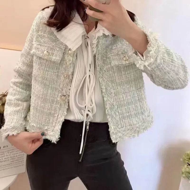 HJLZWB New Fashion Korean Chic Vintage Tweed Woolen Jacket Coat Women Autumn Single Breasted Plaid Tassel Office Lady Outwea2023