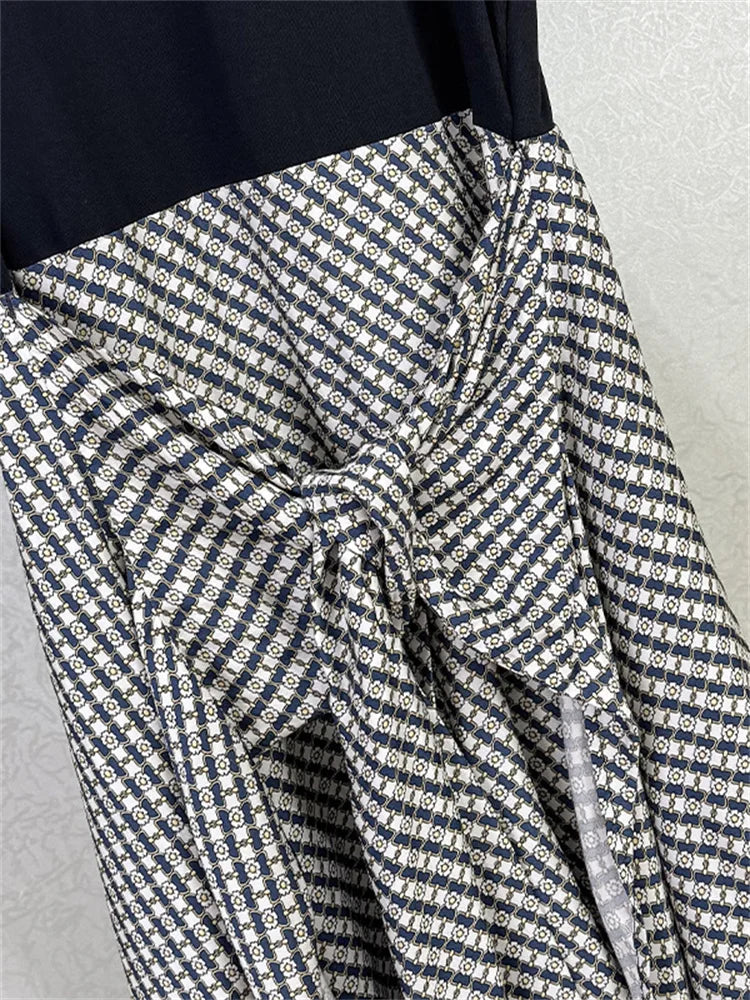 Women's Black Fake Two-Piece Irregular Midi Dress Lace Up Short Sleeved Floral Print Midi Robe