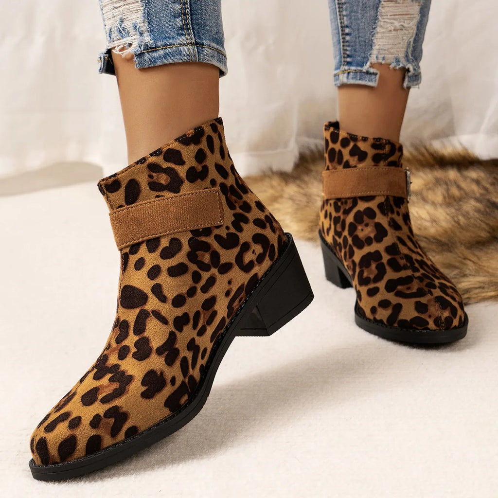2024 New Ankle Boots Women High Heels Women Shoes Track Design Leopard Print Shoes for Women Thick Pointed Fashion Western Boots