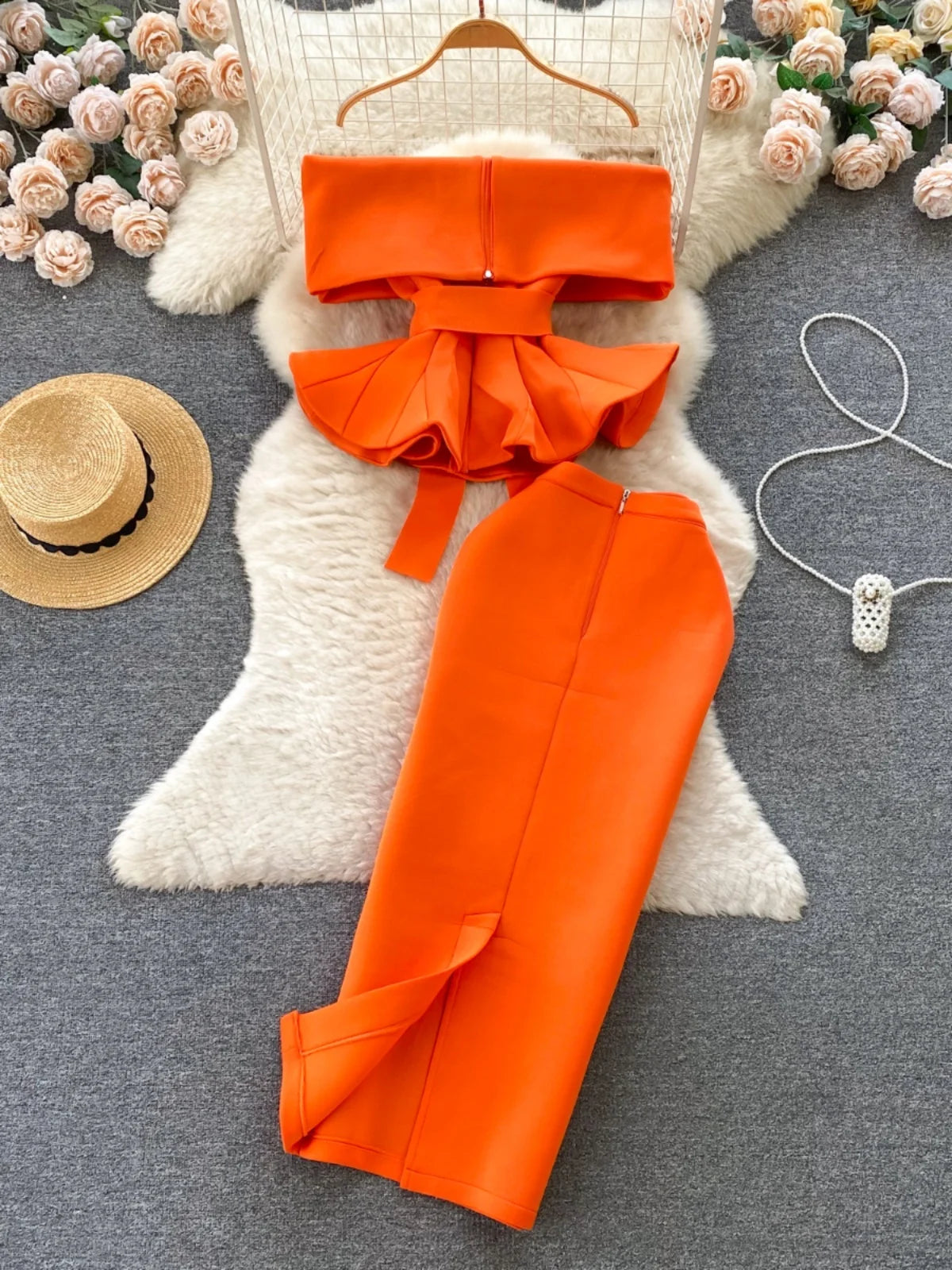 Sexy One-oulder Banded Waist Gown Set with Pleated Skirt Two-Piece Ensemble Courtly Sle Versatile Top f-length A-Line ...