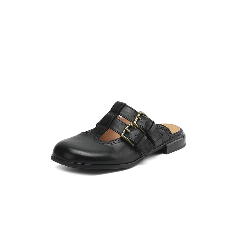 New Fashion Sandal Women Pumps Shoes Sexy Slingback Heels Retro Leather Party Casual Summer Round Toe Shoes Mueller Slippers