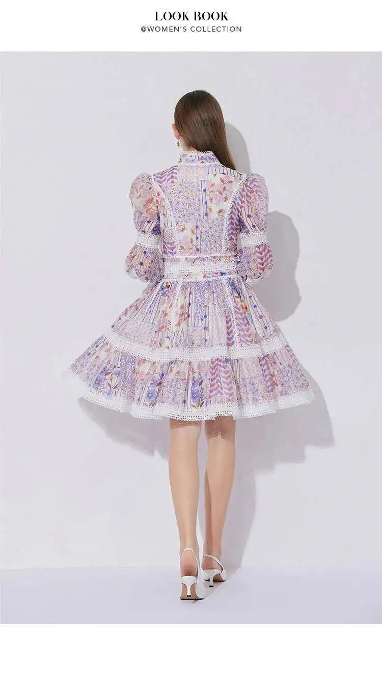 Elegant Long Sleeve Floral Short Dresses Shirt For Women Summer Autumn Holiday Hollow Out Printed Party Dress