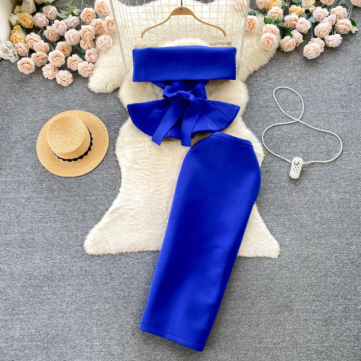 Sexy One-oulder Banded Waist Gown Set with Pleated Skirt Two-Piece Ensemble Courtly Sle Versatile Top f-length A-Line ...